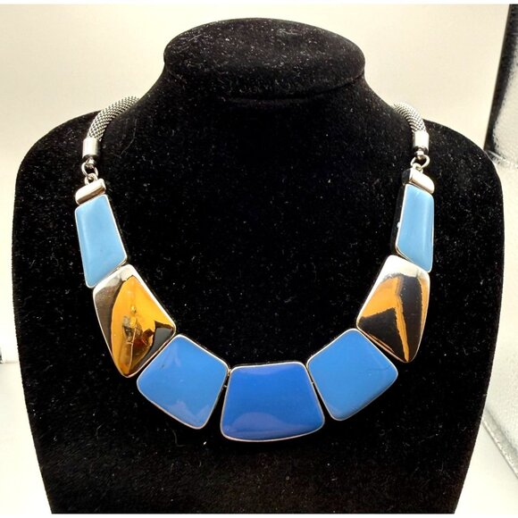 Blue & Silver Geometric Statement Necklace Chunky Modern Panels - Picture 1 of 9